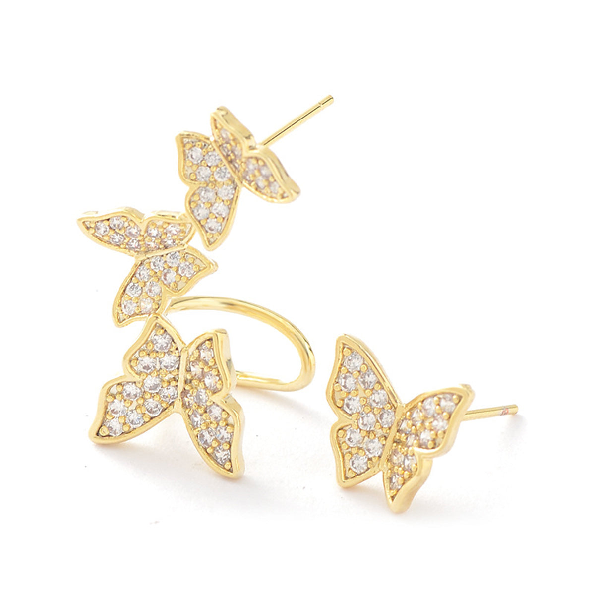 Cubic Zirconia and 18K Gold-Plated Butterfly Stud Earring and Ear Climber, gold stud earrings for women, front view
