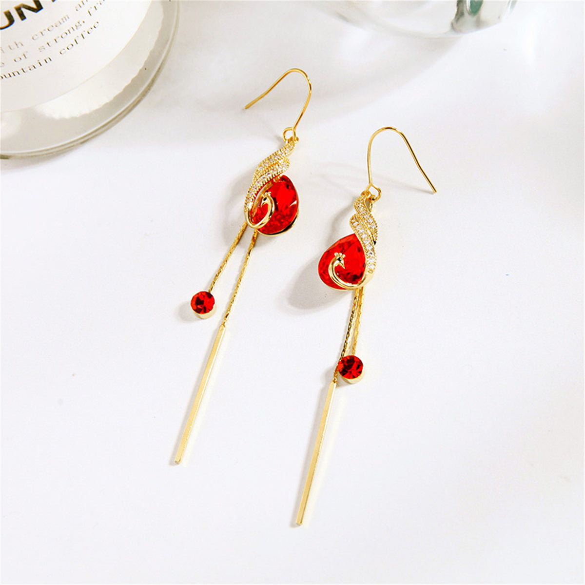 Cubic Zirconia & Red Crystal 18K Gold-Plated Peacock Drop Earrings