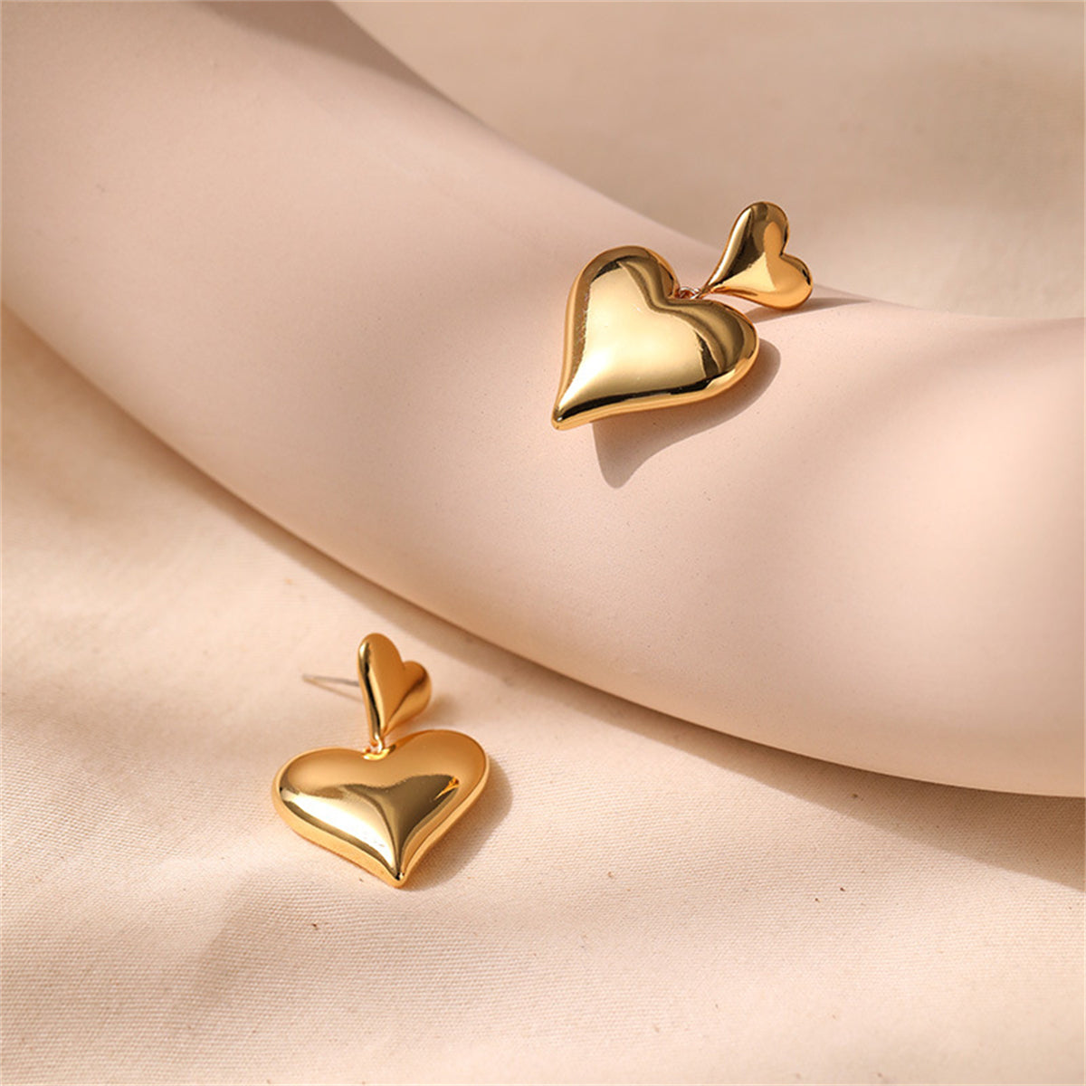 18K Gold-Plated Double Heart Drop Earrings, gold drop earrings for women, dainty minimalist design, side view