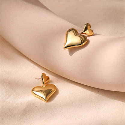 18K Gold-Plated Double Heart Drop Earrings, gold drop earrings for women, dainty minimalist design, side view