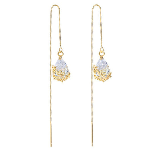 Crystal and 18K Gold-Plated Floral Threader Earrings, gold drop earrings for women, botanical inspired, front view