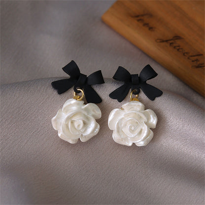 Black Enamel and Resin 18K Gold-Plated Bow Flower Drop Earrings, gold drop earrings for women, front view