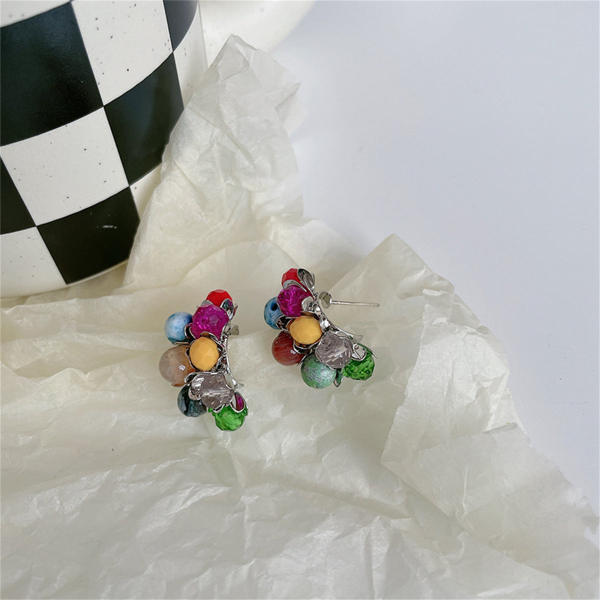 Blue and Yellow Multicolor Floral Bead Stud Earrings, stud earrings for women, everyday style, styled look