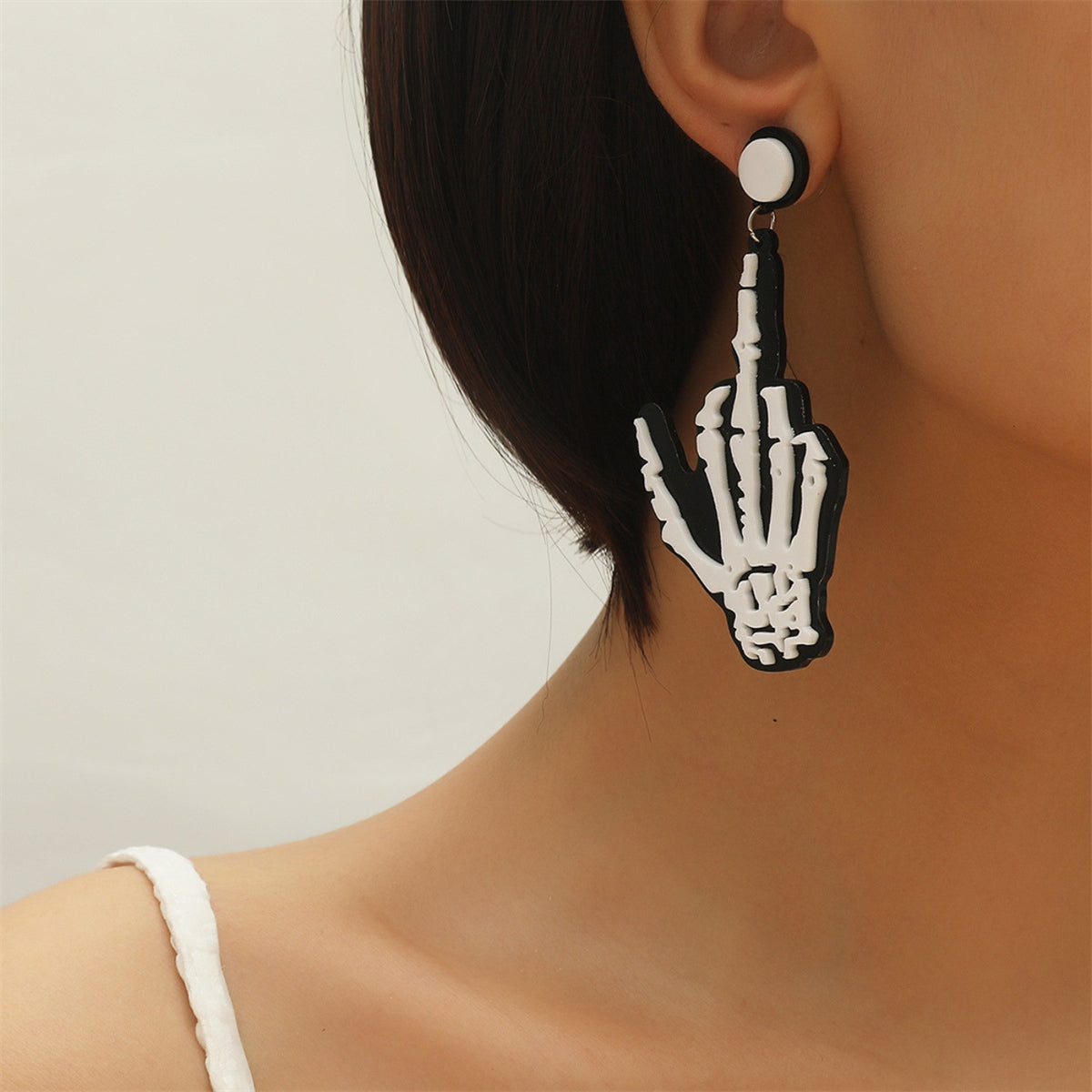 Black and Silver-Plated Skeleton Hand Drop Earrings, silver drop earrings for women, vintage-inspired design, front view