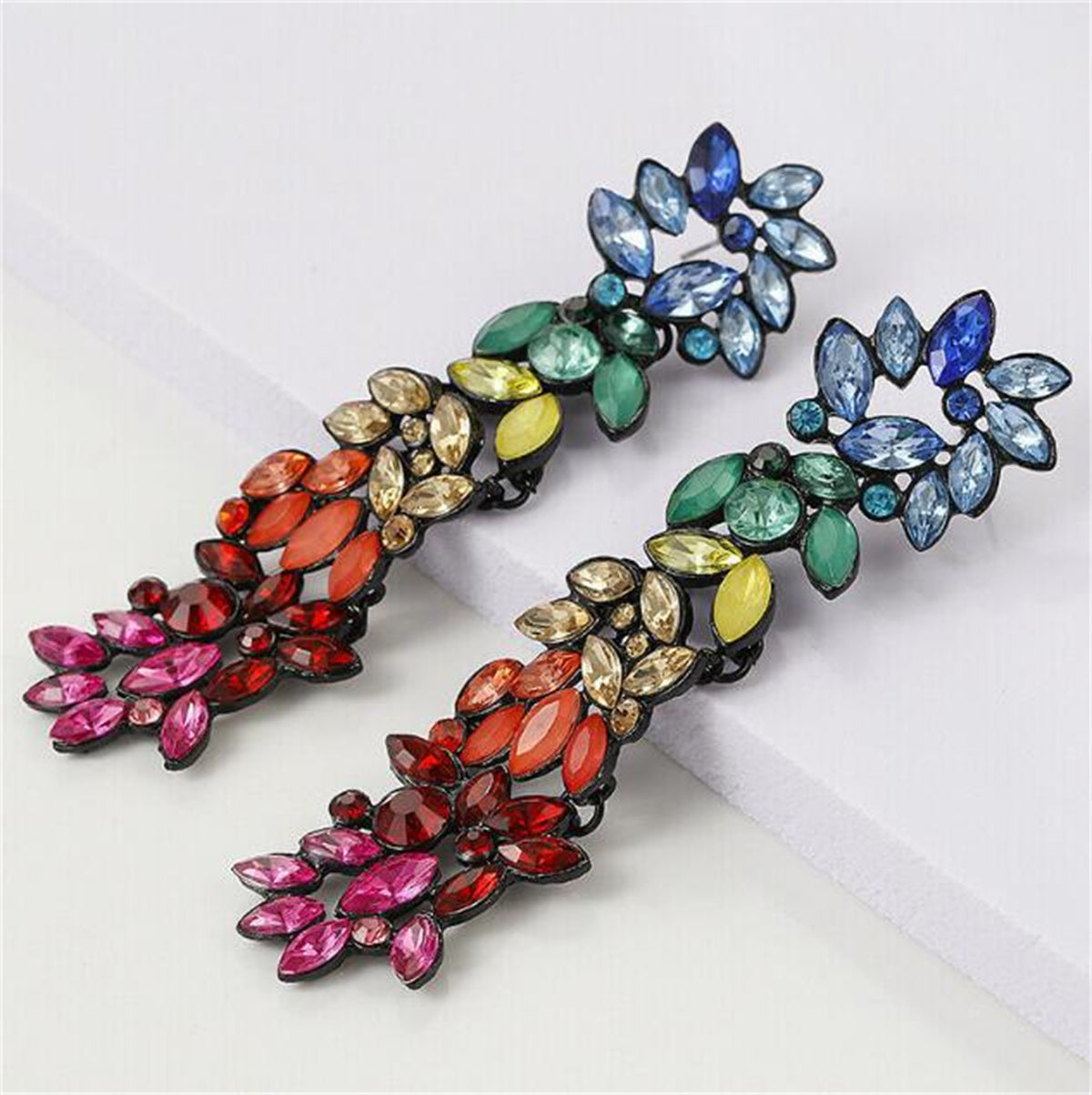 Red & Blue Crystal Cluster Drop Earrings