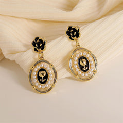 Pearl & Black Enamel 18K Gold-Plated Floral Cameo Drop Earrings