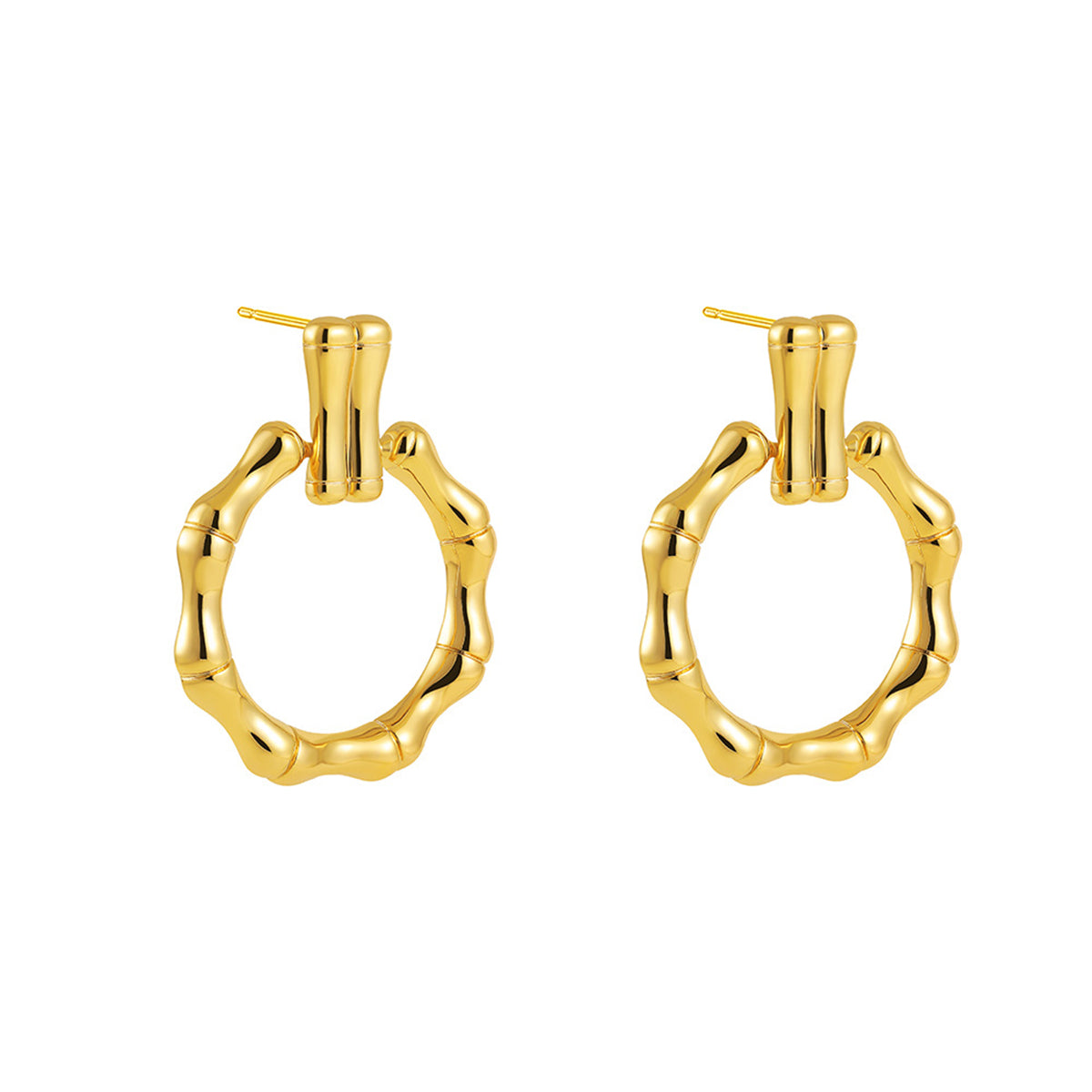 Chic 18K gold-plated bamboo-shaped round drop earrings with a beautiful circular design for a stylish look.