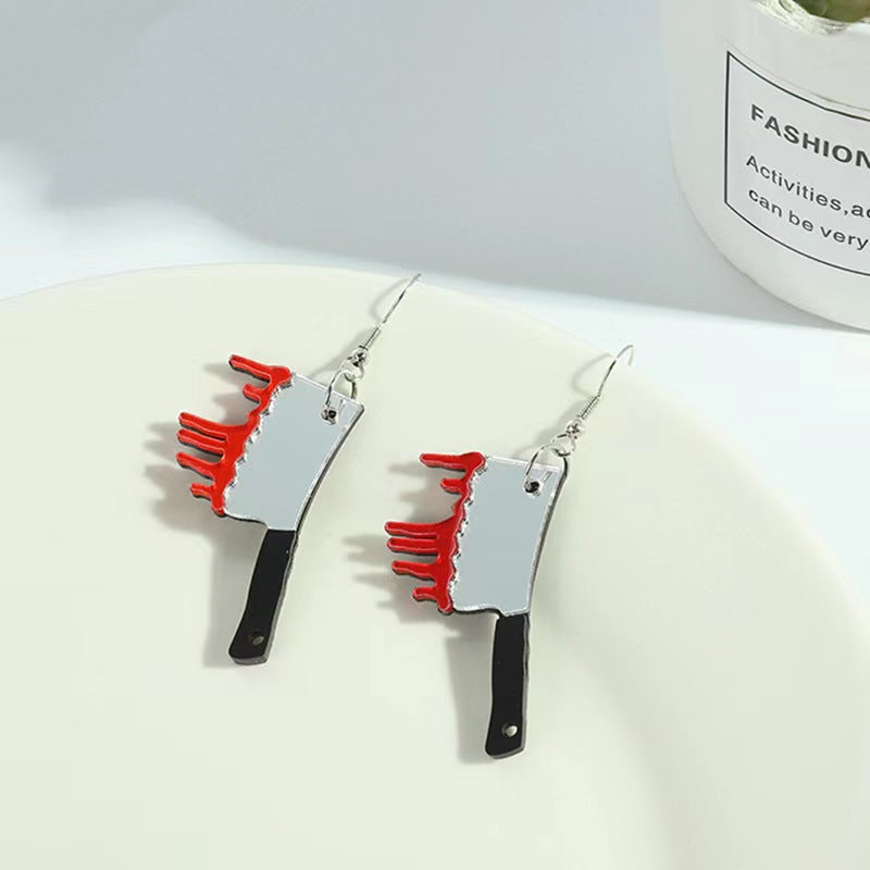 Eye-catching Halloween earrings featuring a bleeding knife design, made from acrylic and silver-plated materials.