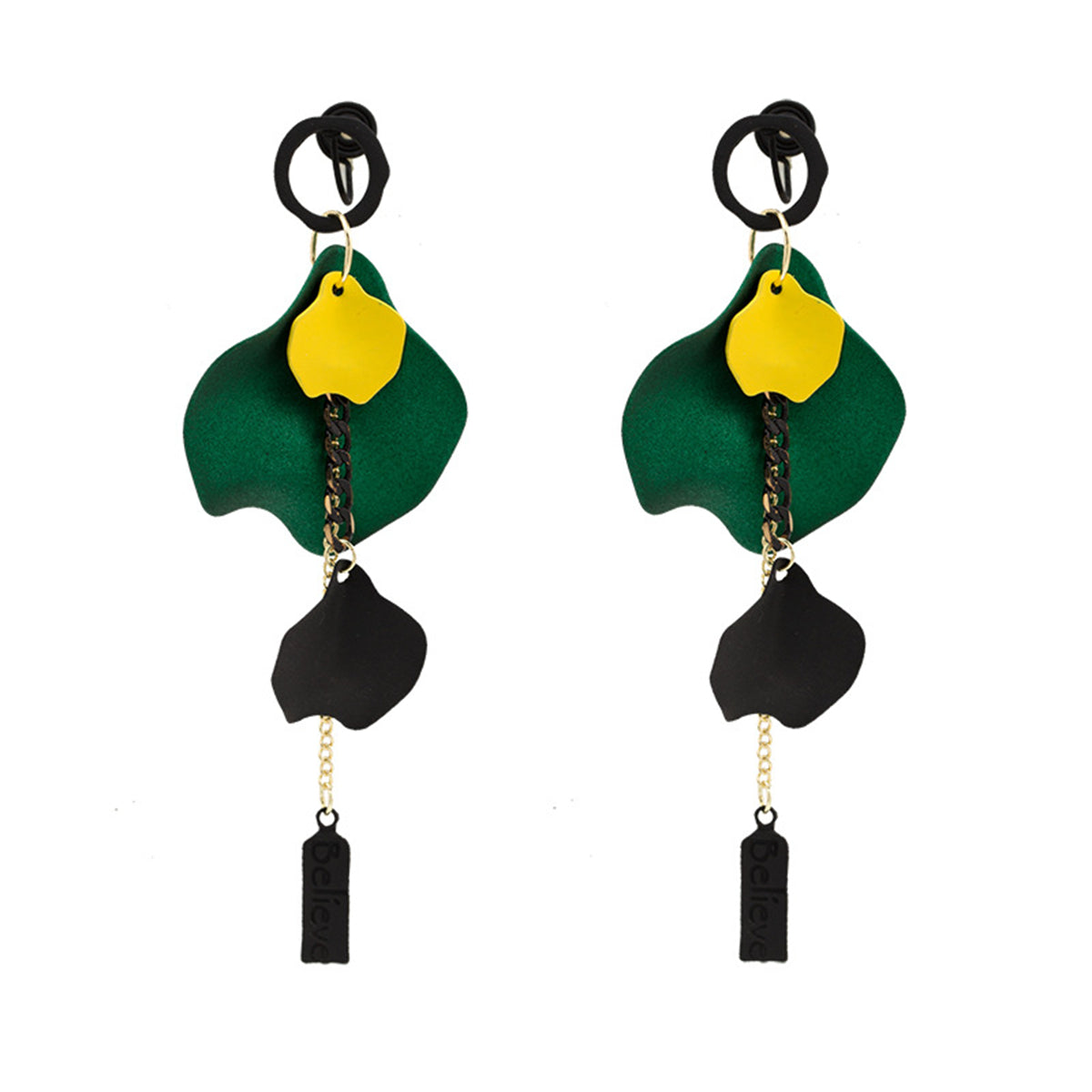 Green Acrylic and 18K Gold-Plated Rose Petal 'Believe' Drop Earrings, gold drop earrings for women, front view