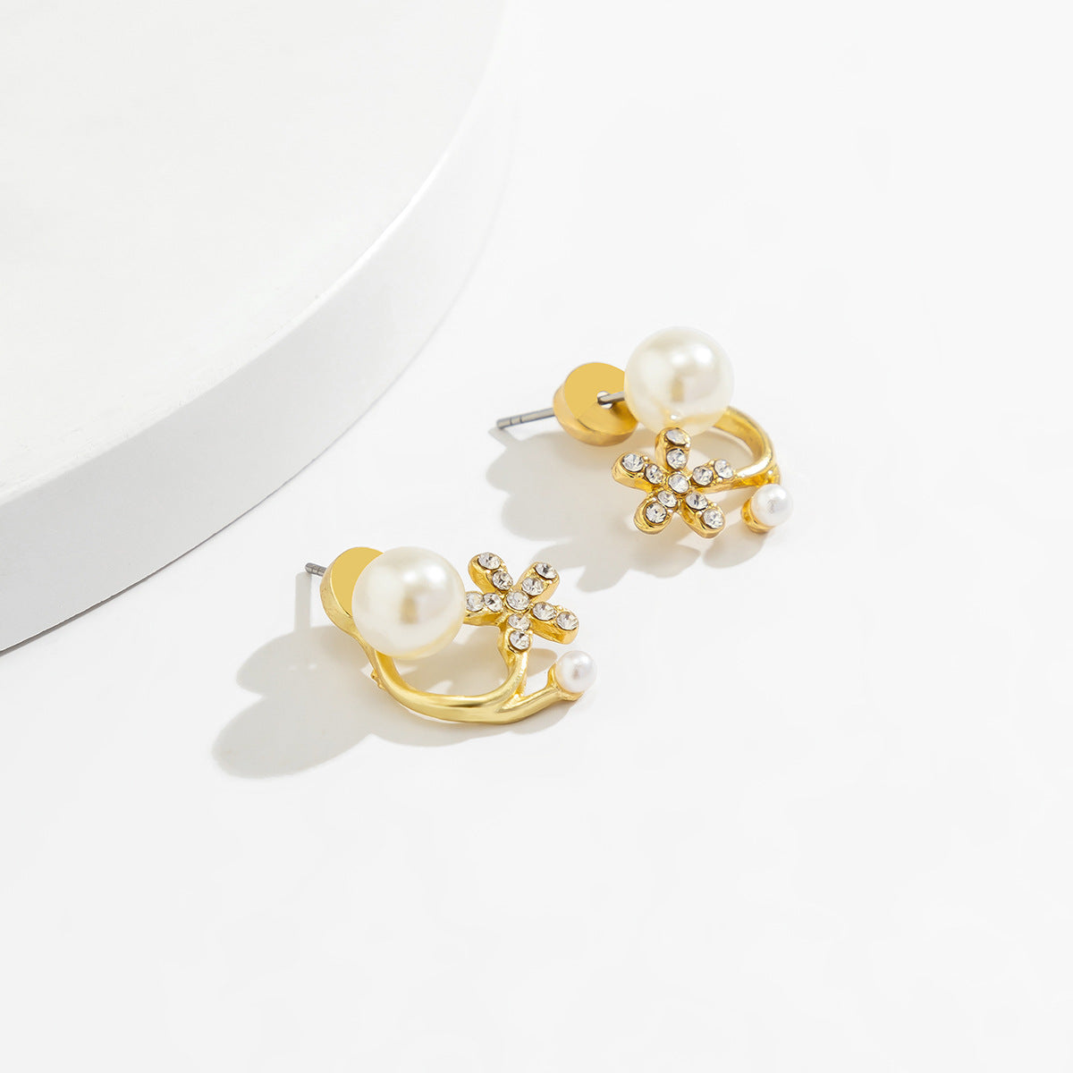 Cubic Zirconia and Pearl Flower Ear Jackets, stud earrings for women, dainty minimalist design, side view