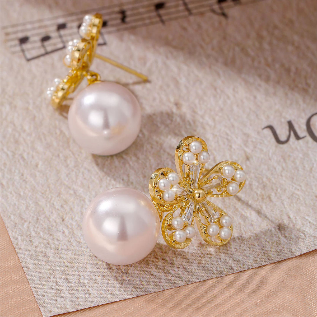 Pearl and Cubic Zirconia 18K Gold-Plated Floral Baguette-Cut Drop Earrings, gold drop earrings for women, detail close-up