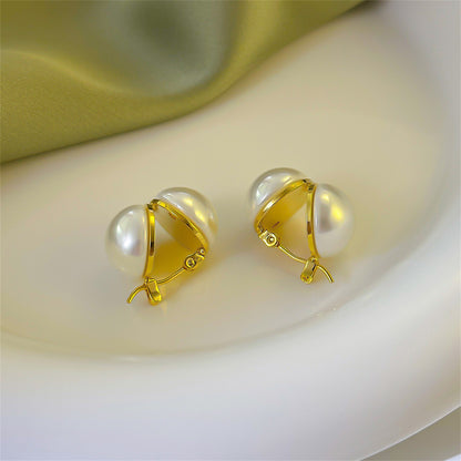 Pearl and 18K Gold-Plated Open Shell Huggie Earrings, gold huggie earrings, elegant gift for her, styled look