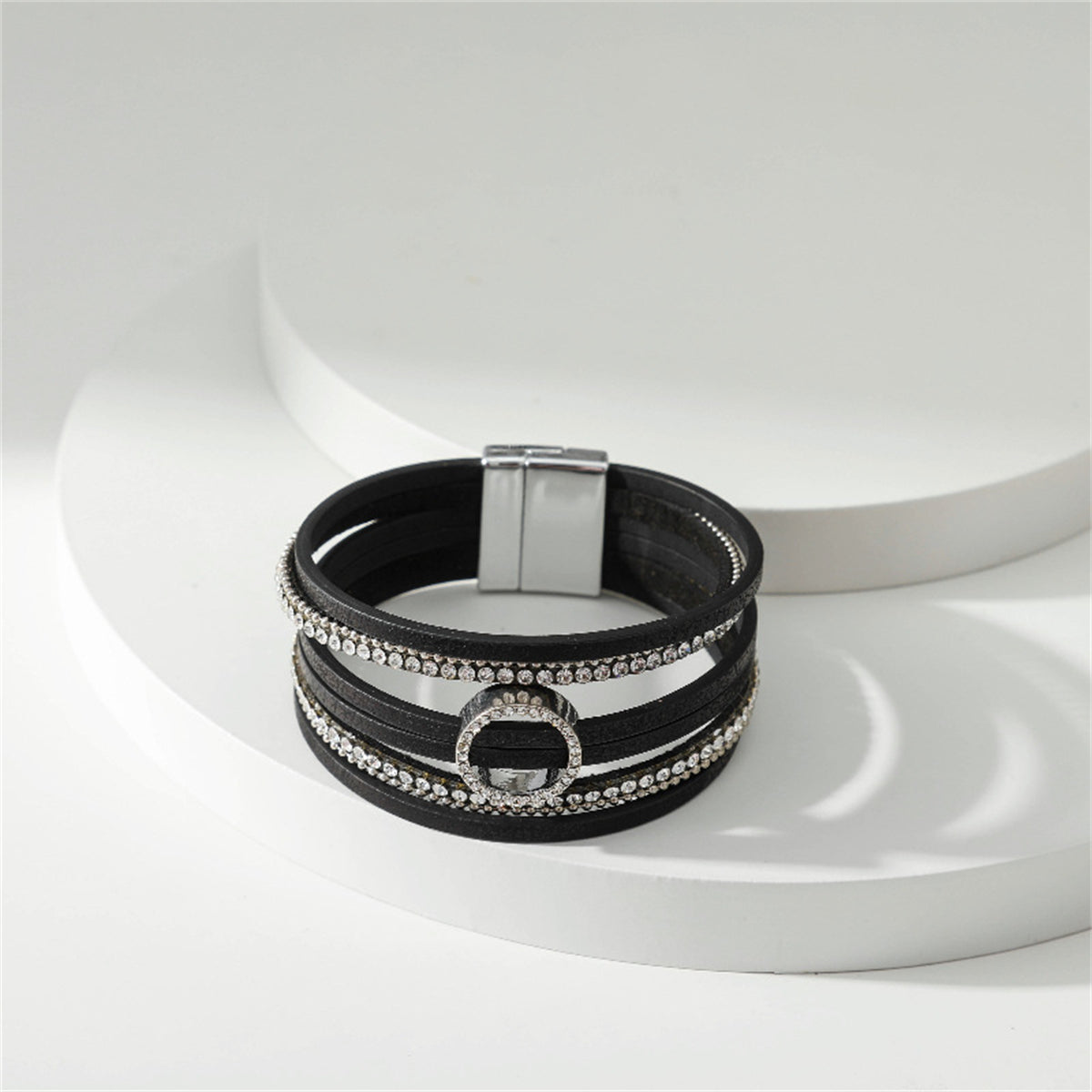 Black Polystyrene and Cubic Zirconia Silver-Plated Bead-Chain Circle-Charm Bangle, silver bracelet for women, side view