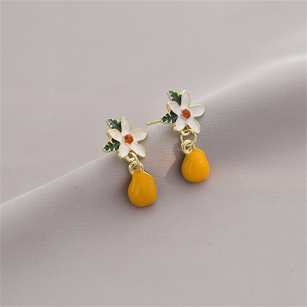 Cubic Zirconia and Orange Gardenia and Persimmon Drop Earrings, drop earrings for women, botanical inspired, front view