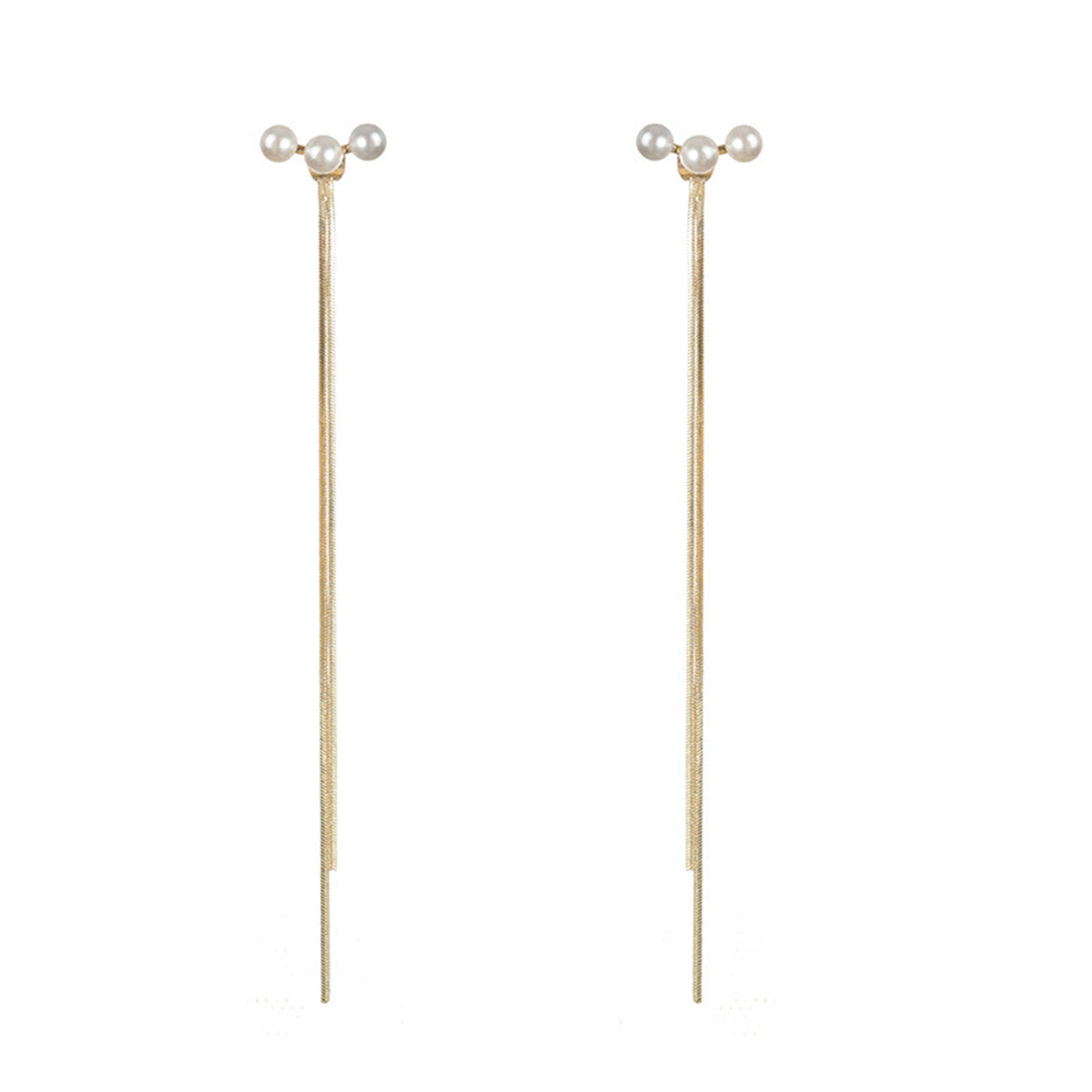 Pearl and 18K Gold-Plated Tassel Ear Jackets, gold drop earrings for women, dainty minimalist design, front view