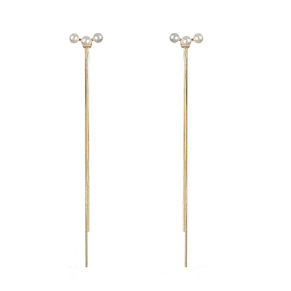 Pearl and 18K Gold-Plated Tassel Ear Jackets, gold drop earrings for women, dainty minimalist design, front view