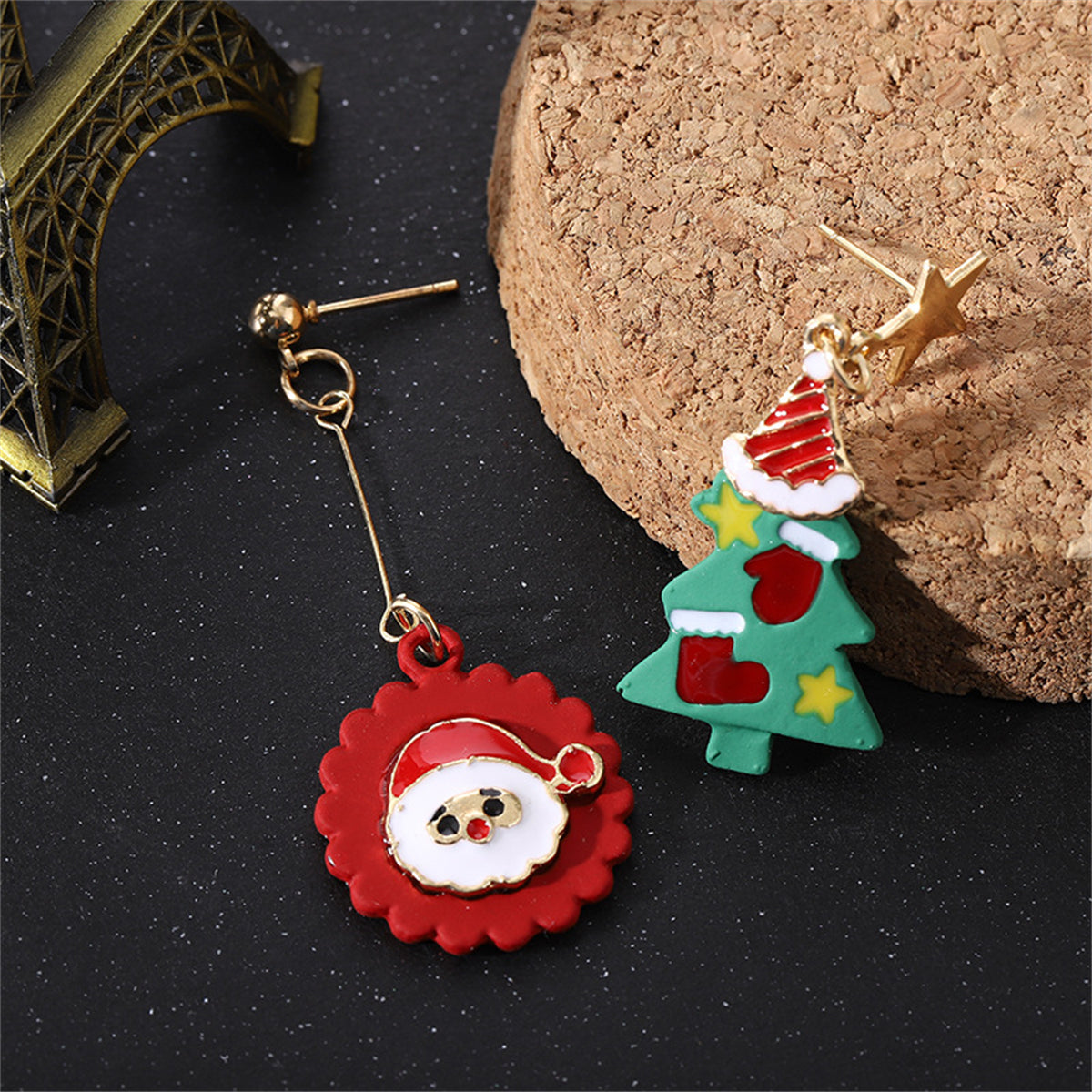 Red and Green Christmas Tree Santa Mismatch Drop Earrings, drop earrings for women, vintage-inspired design, side view