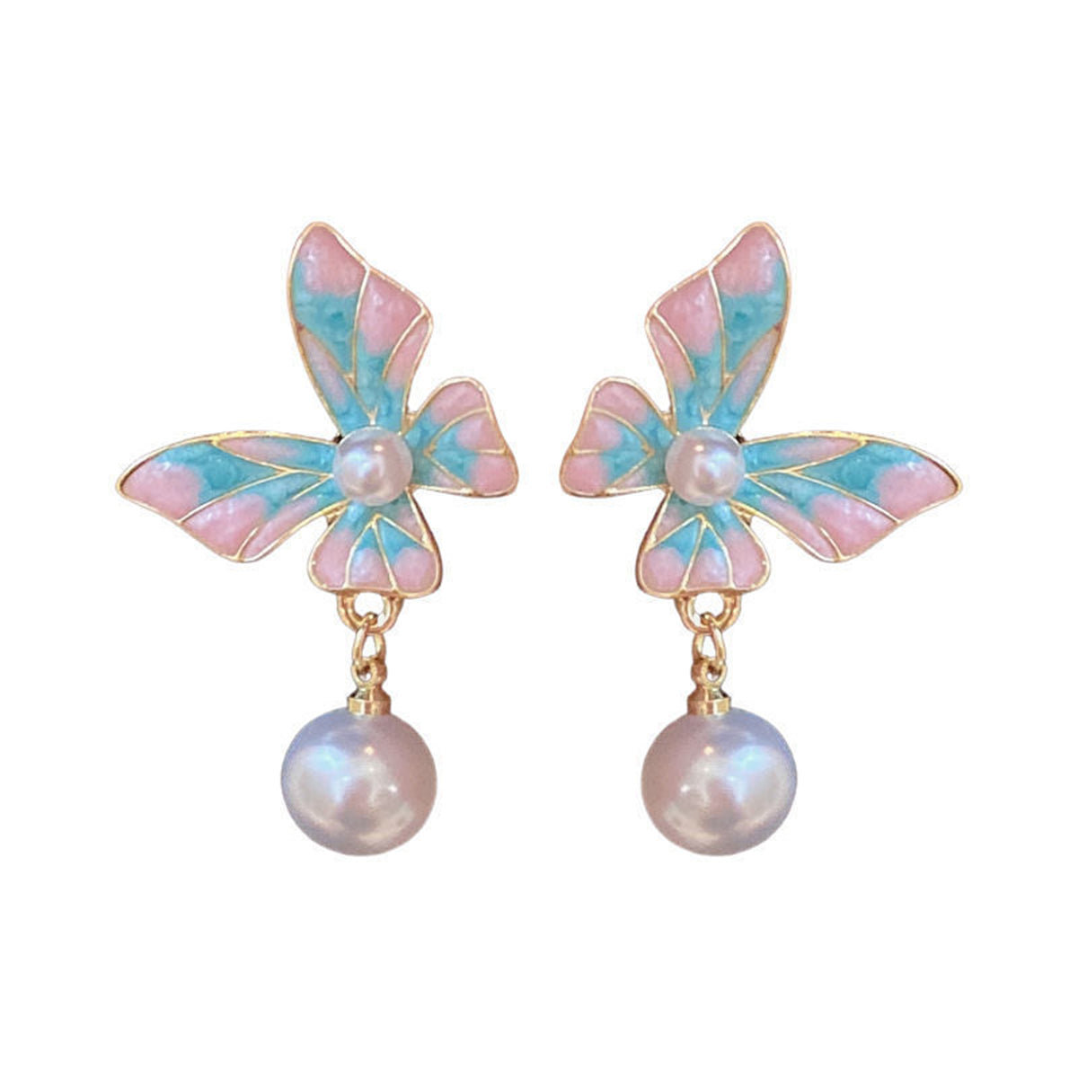 Blue Enamel and Pearl Butterfly Bead Drop Earrings, drop earrings for women, dainty minimalist design, front view