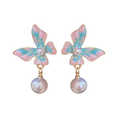 Blue Enamel and Pearl Butterfly Bead Drop Earrings, drop earrings for women, dainty minimalist design, front view