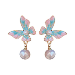 Blue Enamel & Pearl Butterfly Bead Drop Earrings