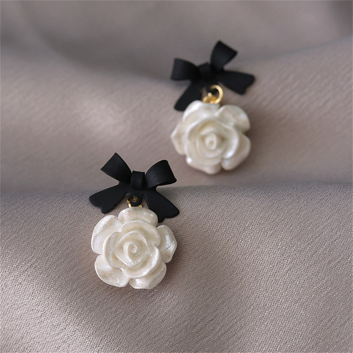Black Enamel and Resin 18K Gold-Plated Bow Flower Drop Earrings, gold drop earrings for women, side view
