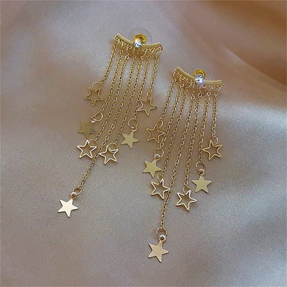 Cubic Zirconia and 18K Gold-Plated Star Tassel Ear Jackets, gold drop earrings for women, botanical inspired, detail close-up