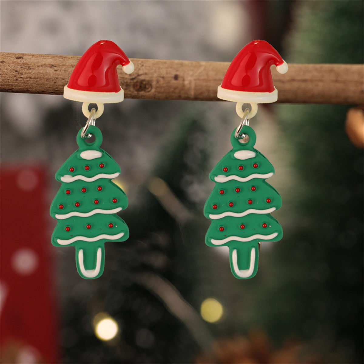 Green Enamel and Silver-Plated Hat Christmas Tree Drop Earrings, silver drop earrings for women, detail close-up