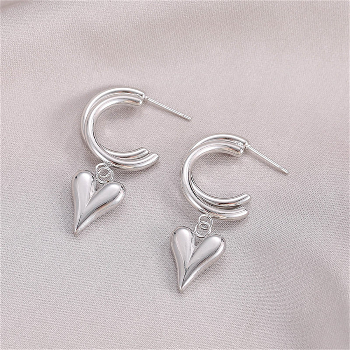 Silver-Plated Heart Hoop Drop Earrings