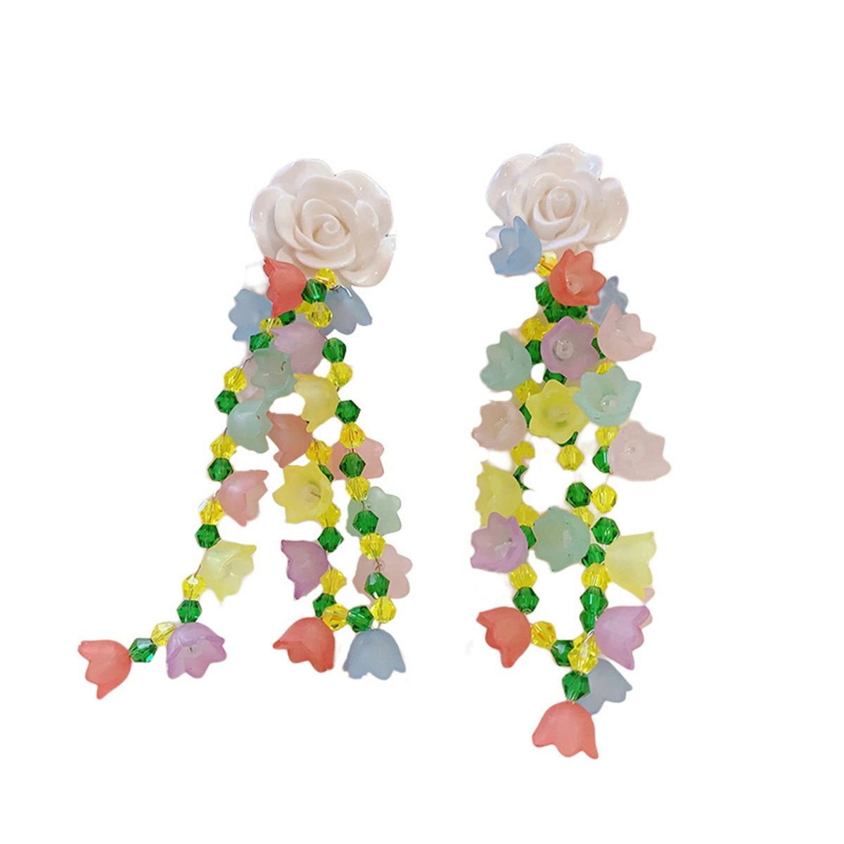 White and Yellow Beaded Floral Tassel Drop Earrings, drop earrings for women, dainty minimalist design, lifestyle look