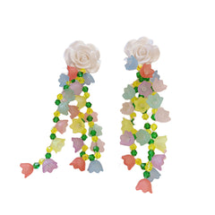 White & Yellow Beaded Floral Tassel Drop Earrings
