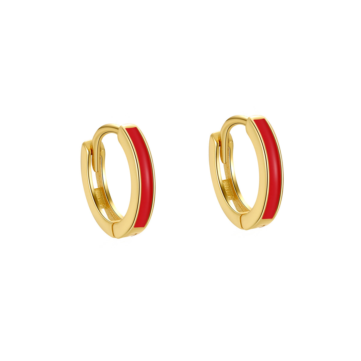 Red Enamel and 18K Gold-Plated Huggie Earrings, gold huggie earrings, vintage-inspired design, front view