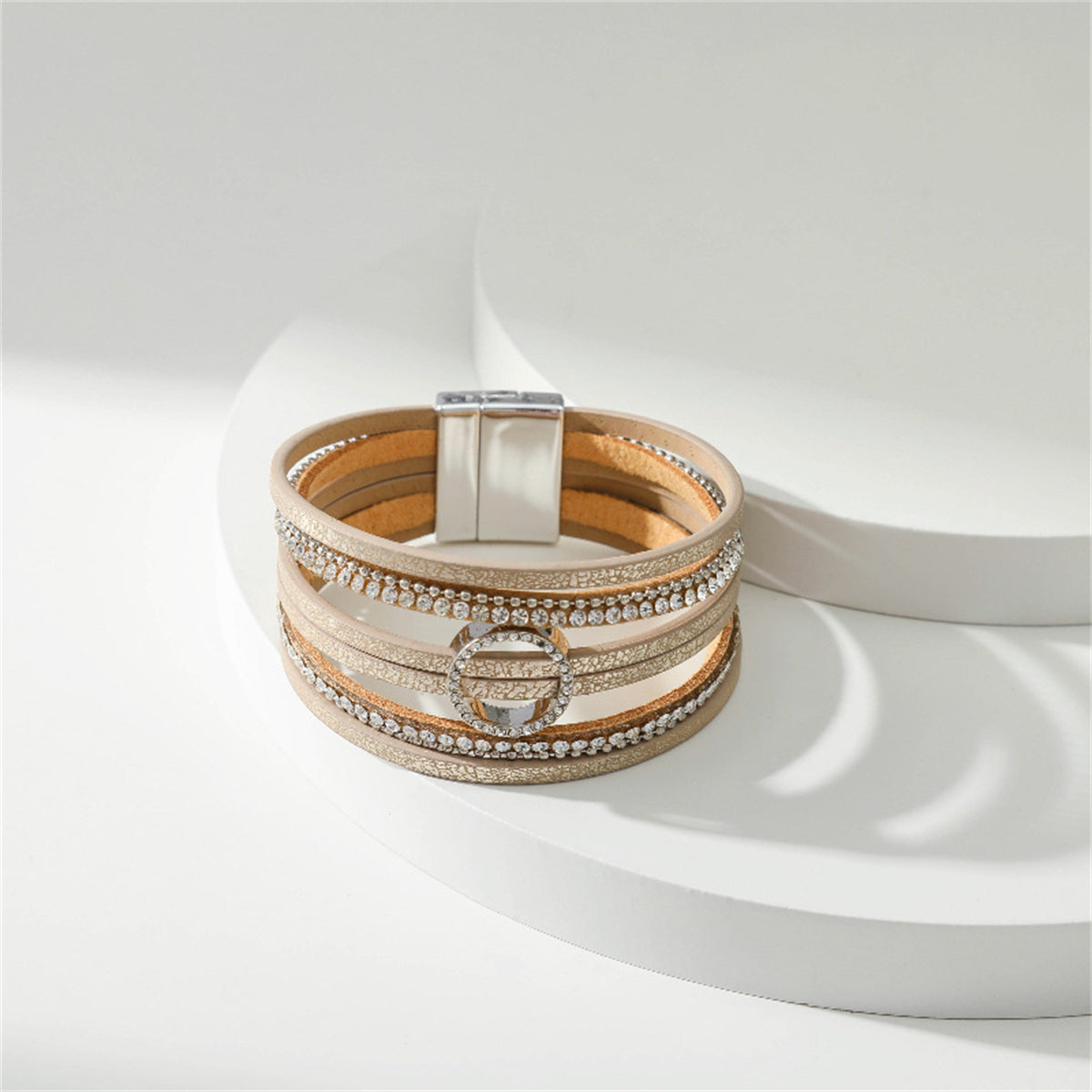 Coffee Polystyrene and Cubic Zirconia Silver-Plated Bead-Chain Circle-Charm Bangle, silver bracelet for women, side view