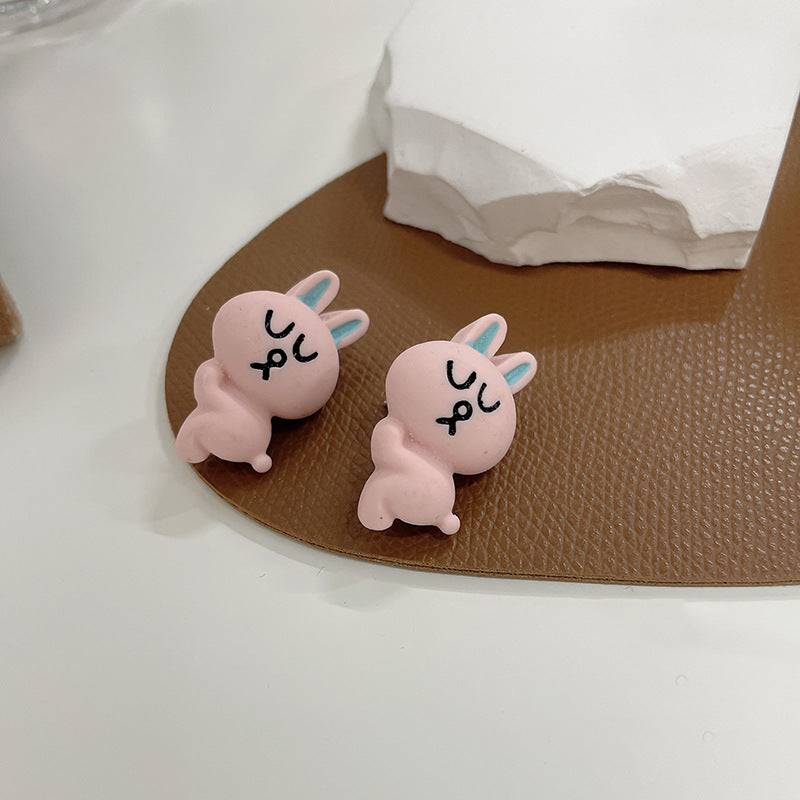 Pink & Silver-Plated Cartoon Rabbit Stud Earrings