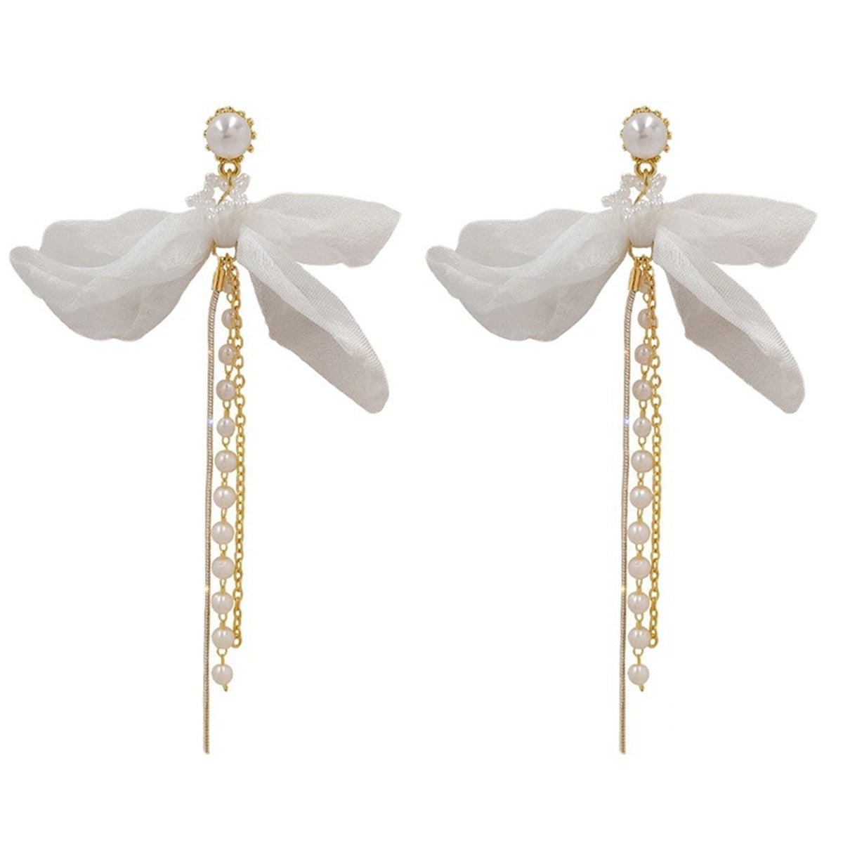 Pearl & Mesh Two-Tone Star Bow Tassel Dangle Earring