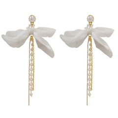 Pearl & Mesh Two-Tone Star Bow Tassel Dangle Earring
