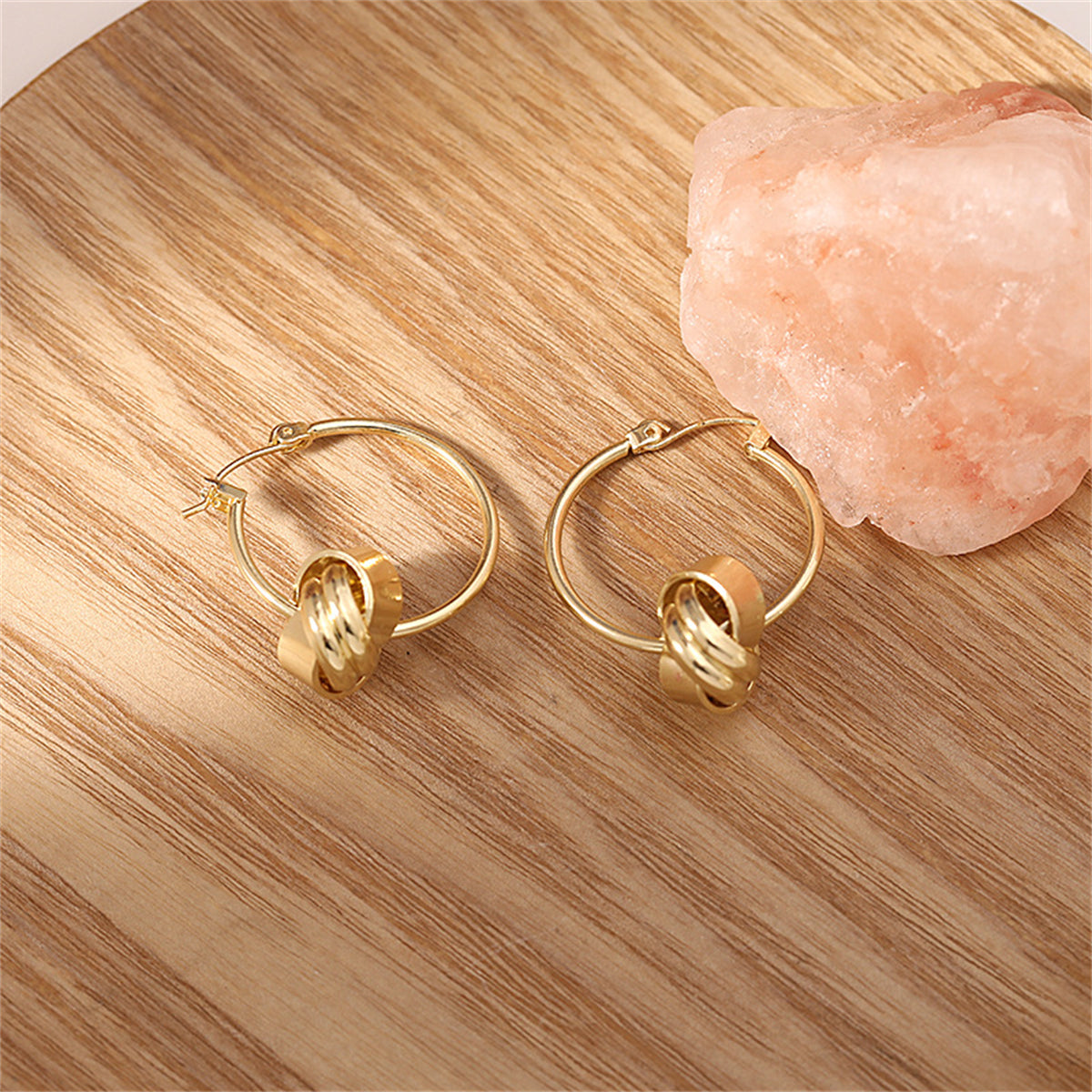 18K Gold-Plated Knot Huggie Earrings, gold huggie earrings, botanical inspired, side view