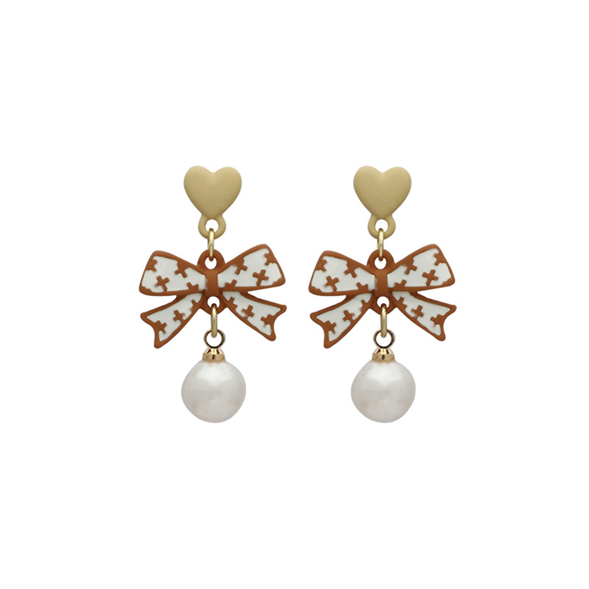 Pearl and Enamel 18K Gold-Plated Heart Bow Drop Earrings, gold drop earrings for women, vintage-inspired design, front view