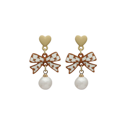 Pearl and Enamel 18K Gold-Plated Heart Bow Drop Earrings, gold drop earrings for women, vintage-inspired design, front view