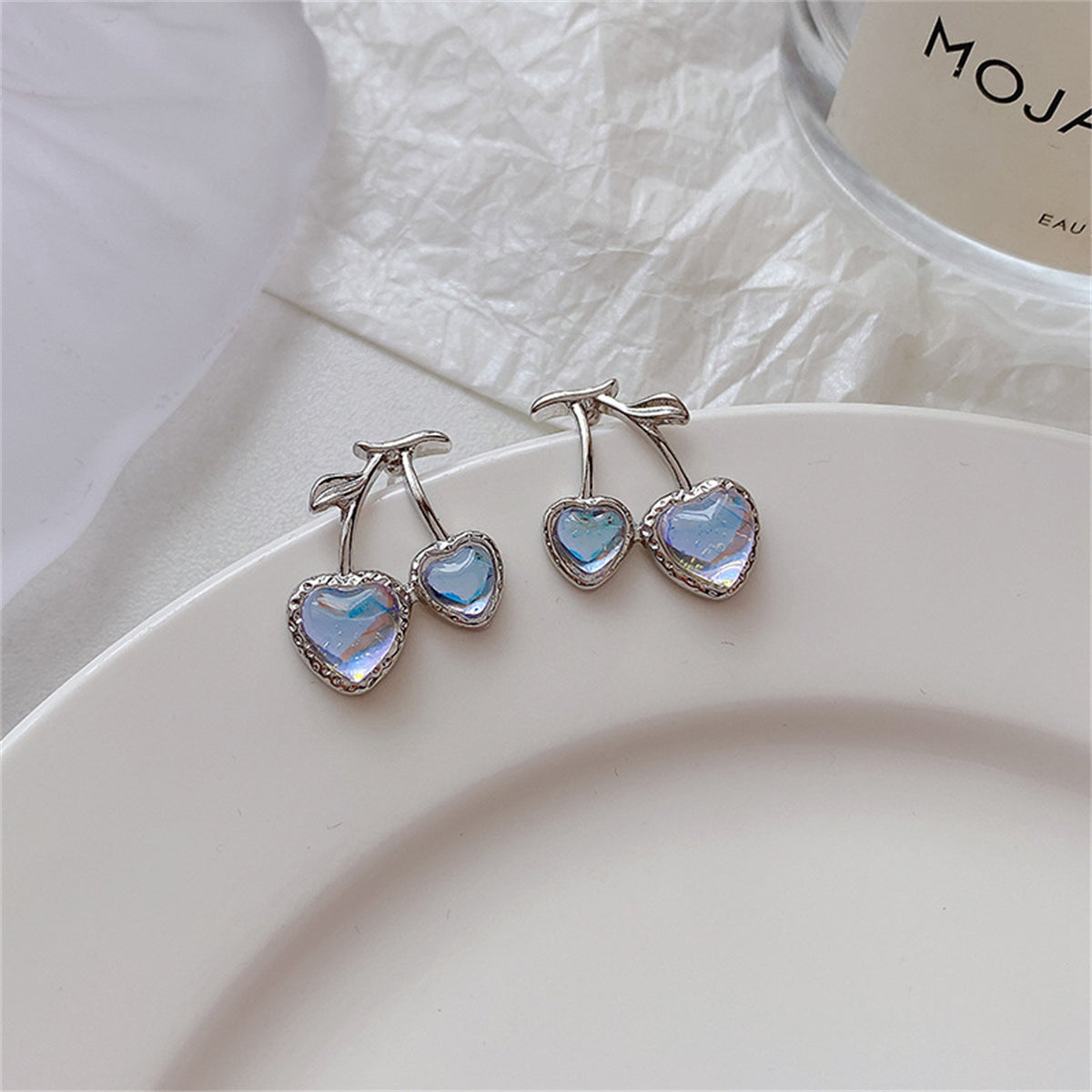 Blue Quartz and Silver-Plated Cherry Heart Stud Earrings, silver stud earrings for women, vintage-inspired design, front view