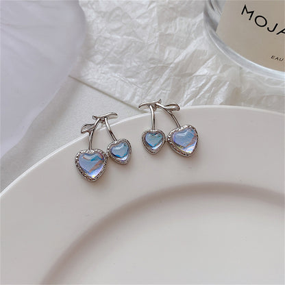 Blue Quartz and Silver-Plated Cherry Heart Stud Earrings, silver stud earrings for women, vintage-inspired design, front view