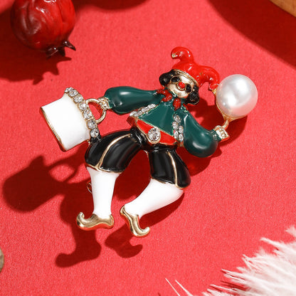 Cubic Zirconia and Pearl Enamel 18k Gold-Plated Clown Brooch, gold brooch pin, dainty minimalist design, lifestyle look