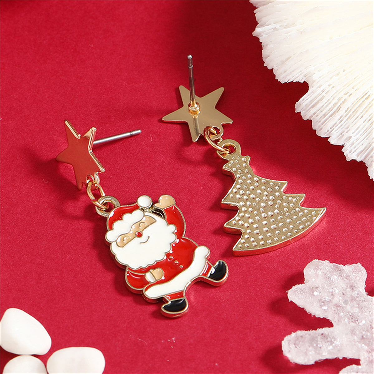 Green Enamel & 18K Gold-Plated Star Santa Christmas Tree Mismatch Drop Earrings