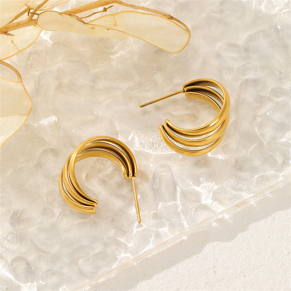 18K Gold-Plated Stacked Hoop Huggie Earrings, gold huggie earrings, dainty minimalist design, side view