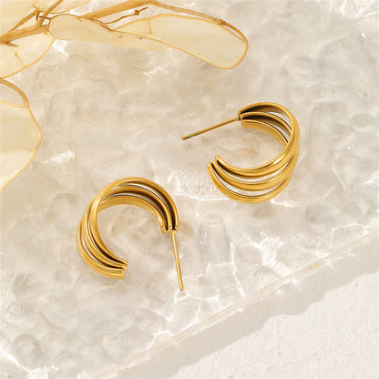 18K Gold-Plated Stacked Hoop Huggie Earrings, gold huggie earrings, dainty minimalist design, side view