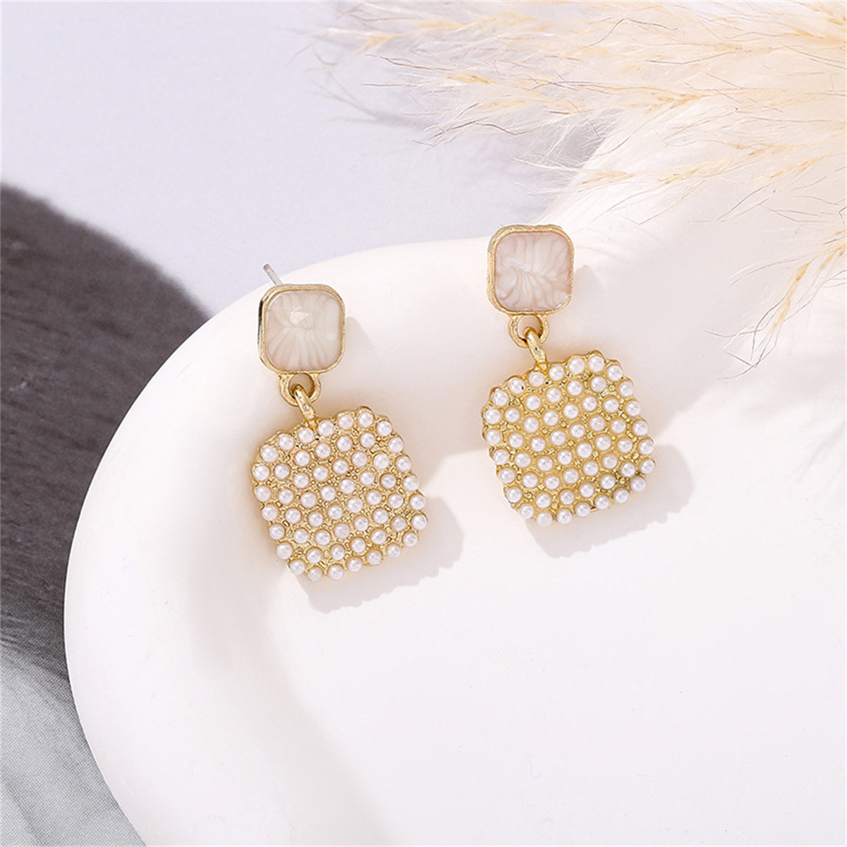 Pearl and Enamel 18K Gold-Plated Square Drop Earrings, gold drop earrings for women, dainty minimalist design, front view