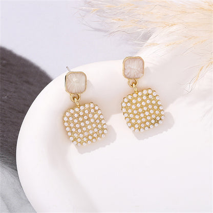 Pearl and Enamel 18K Gold-Plated Square Drop Earrings, gold drop earrings for women, dainty minimalist design, front view