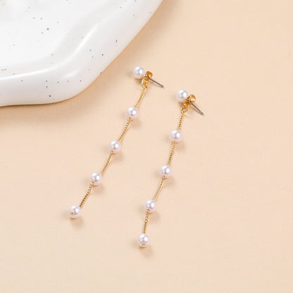 Pearl and 18K Gold-Plated Link-Beaded Drop Earrings, gold drop earrings for women, vintage-inspired design, side view