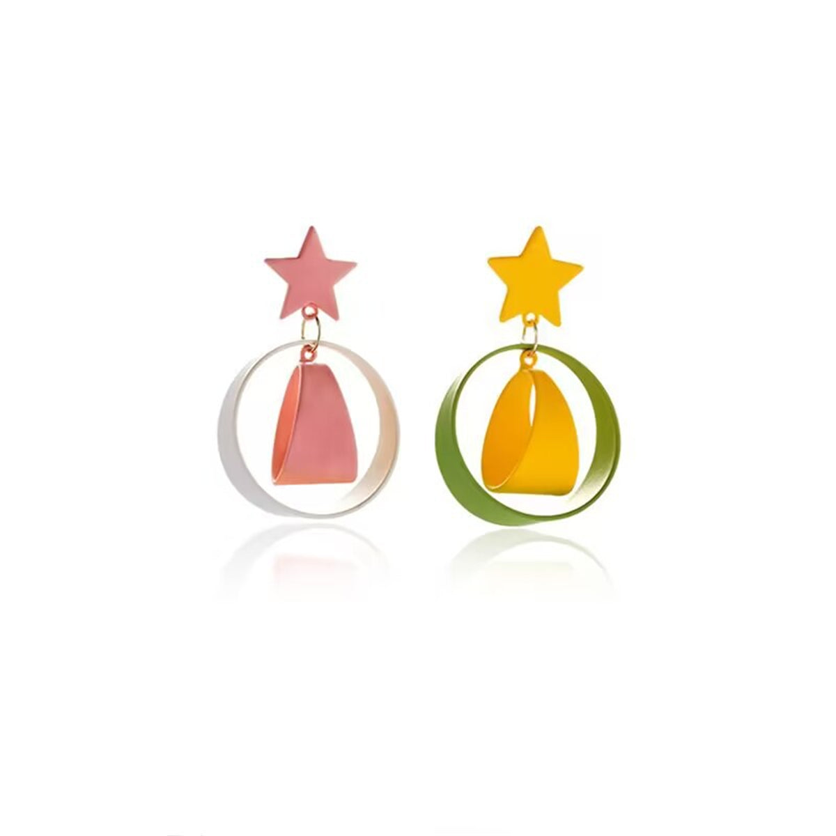 Yellow and Pink Mismatch Star Circle Drop Earrings, drop earrings for women, vintage-inspired design, front view