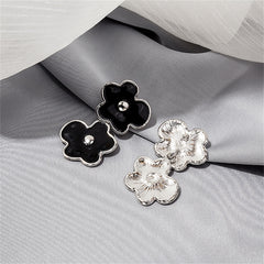 Black Enamel & Silver-Plated Floral Double-Bloom Dangle Earrings