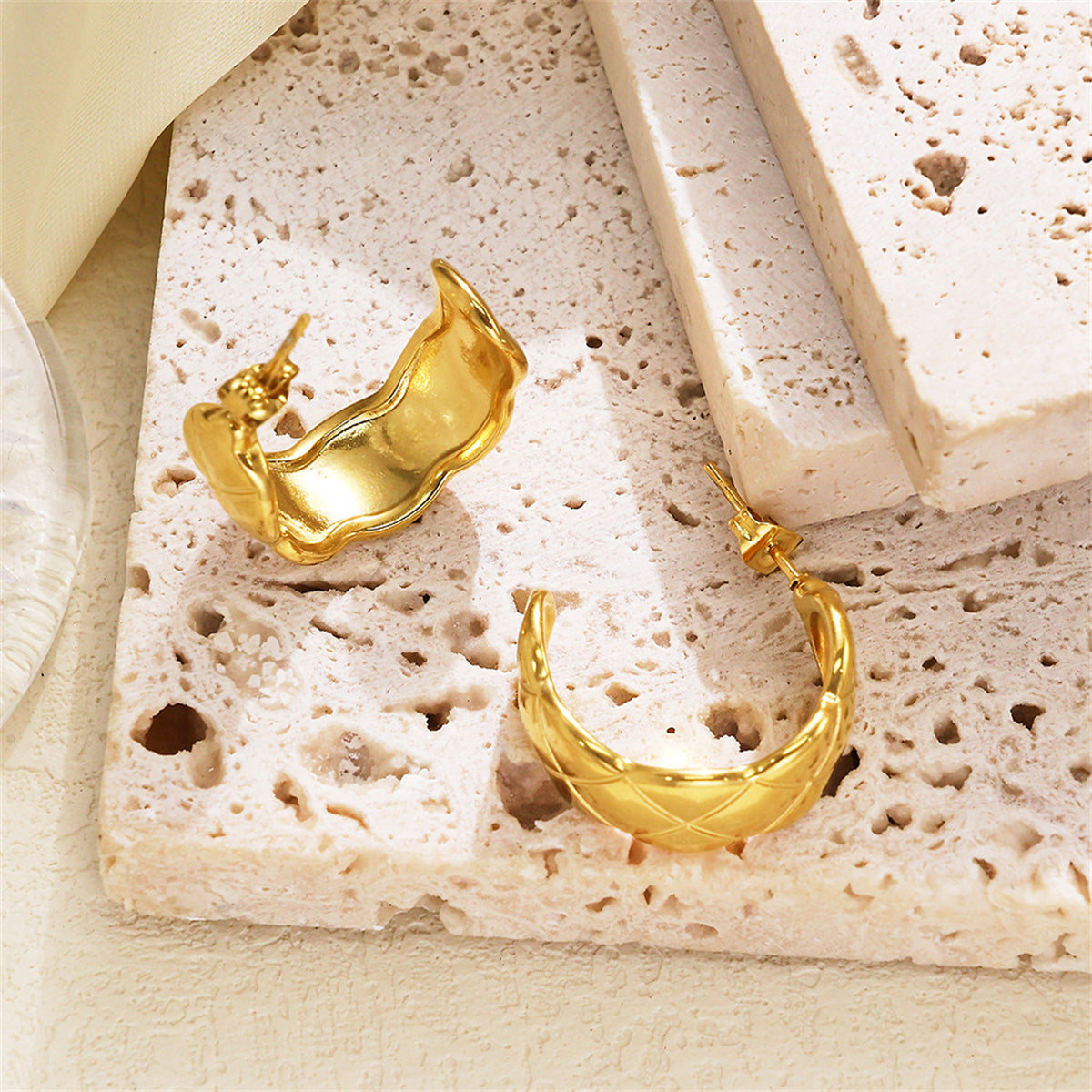 18K Gold-Plated Cut Hoop Earrings, dainty minimalist design, side view